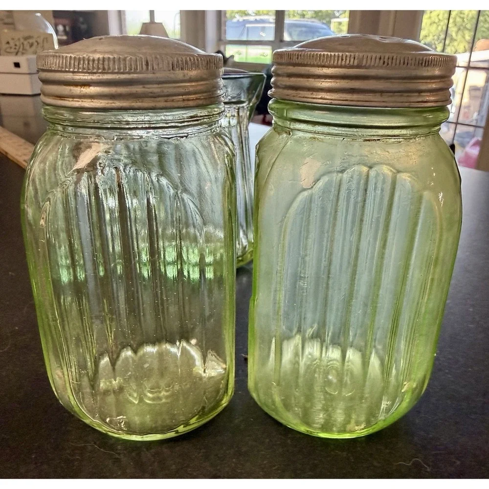 Vintage Uranium Vaseline Glass Kitchen Set Shakers Syrup Pitcher 6 Pc